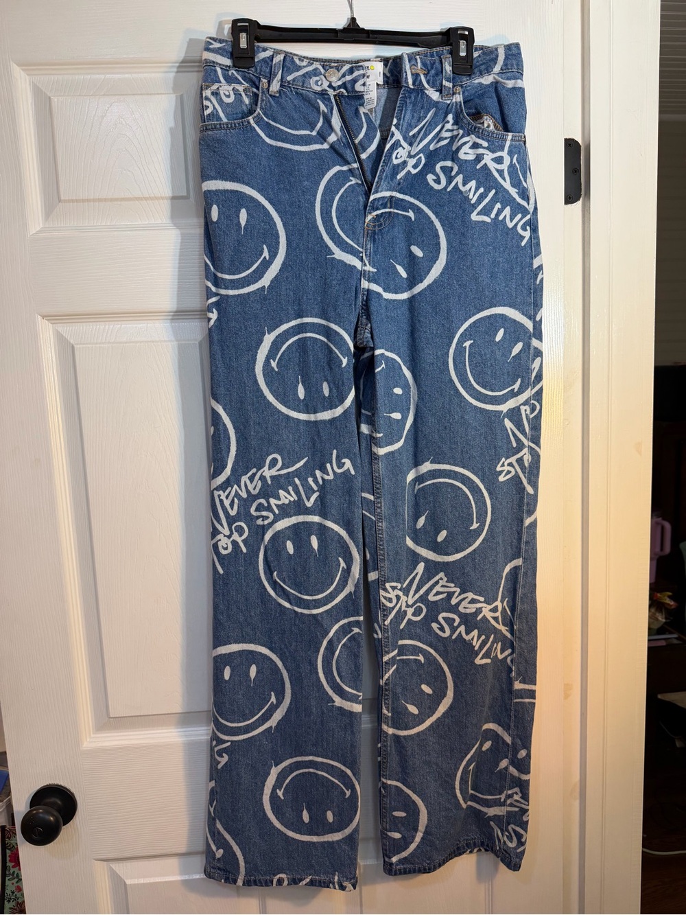 H&M Blue Denim Jeans with White Smiley Print